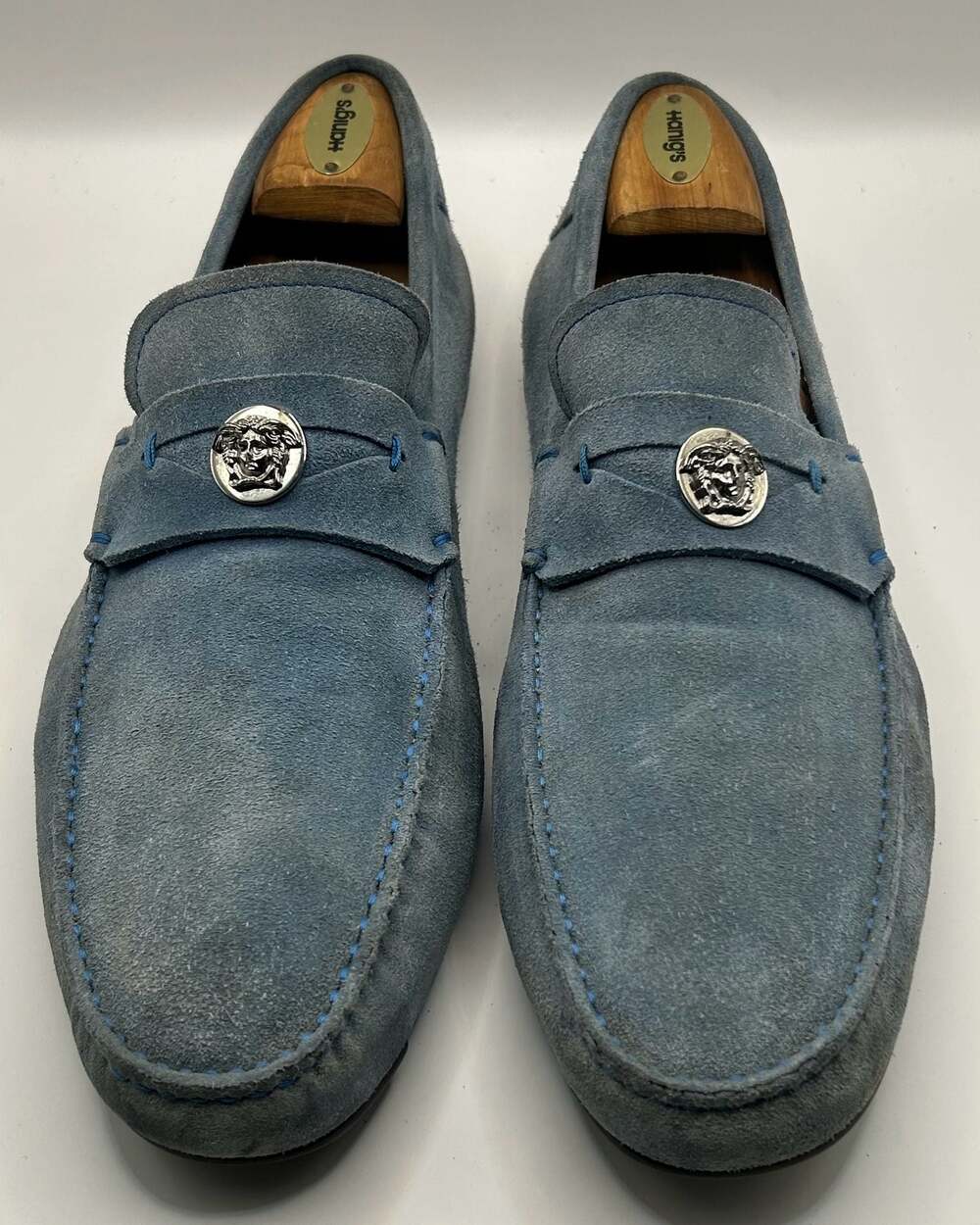 Versace Men's Blue Suede Medusa Plaque Driver Loafers